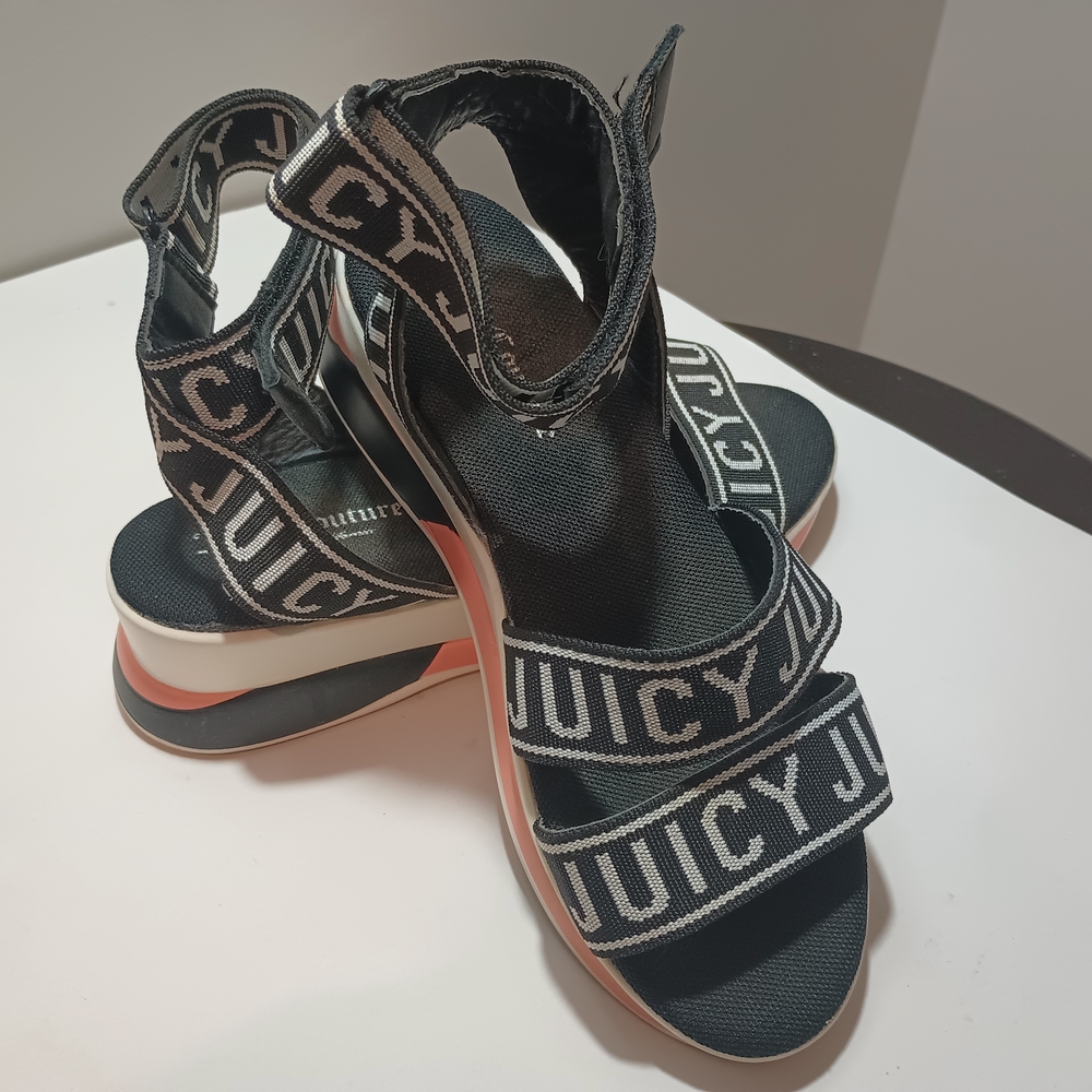 Juicy Couture Logo Strap Platform Wedge Sport Sandals - Black/Pink - Size 8